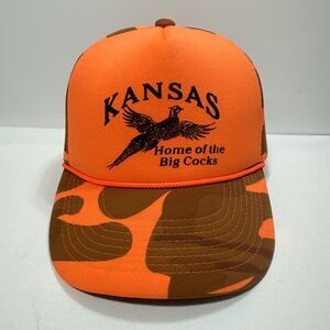 Kansas Orange Hunting Camo Trucker Hat "Home of the Big Cocks" Pheasant Snapback